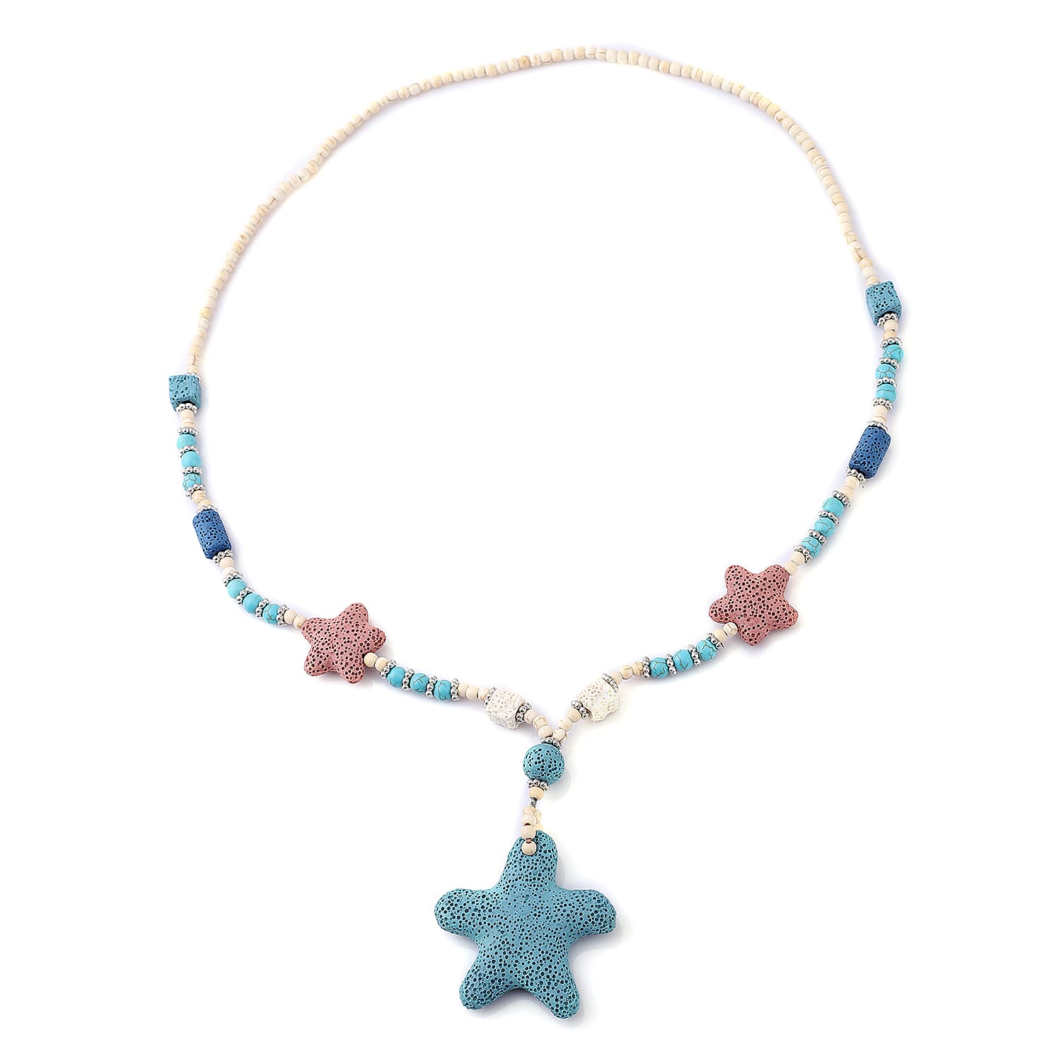 Multi Color Lava, White and Blue Howlite Beaded Star Charm Necklace 28 Inches in Silvertone 198.00 ctw