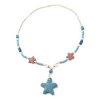 Multi Color Lava, White and Blue Howlite Beaded Star Charm Necklace 28 Inches in Silvertone 198.00 ctw