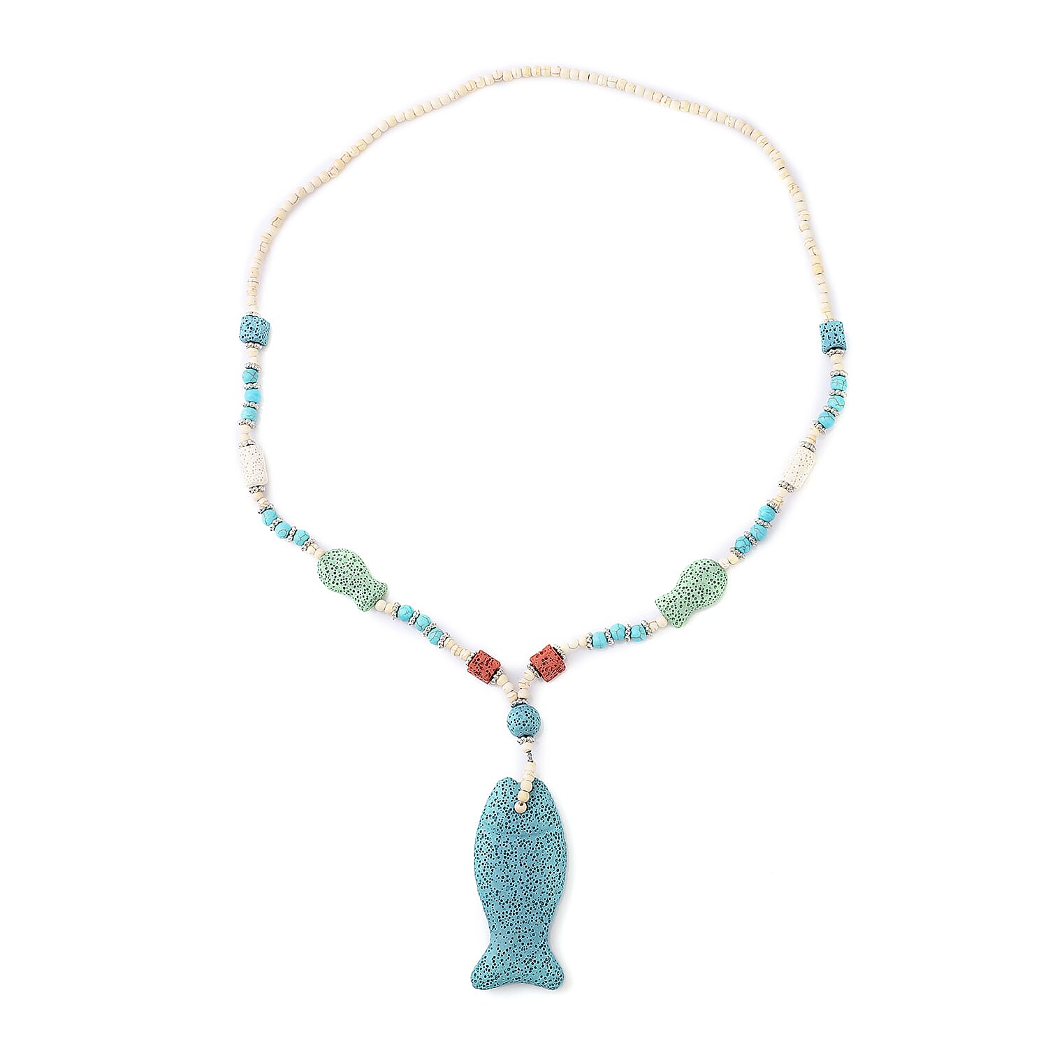 Multi Color Lava, White and Blue Howlite Beaded Necklace with Fish Charm 28 Inches in Silvertone 221.50 ctw