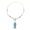 Multi Color Lava, White and Blue Howlite Beaded Necklace with Fish Charm 28 Inches in Silvertone 221.50 ctw - Sticky add to cart bar