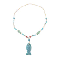 Multi Color Lava, White and Blue Howlite Beaded Necklace with Fish Charm 28 Inches in Silvertone 221.50 ctw