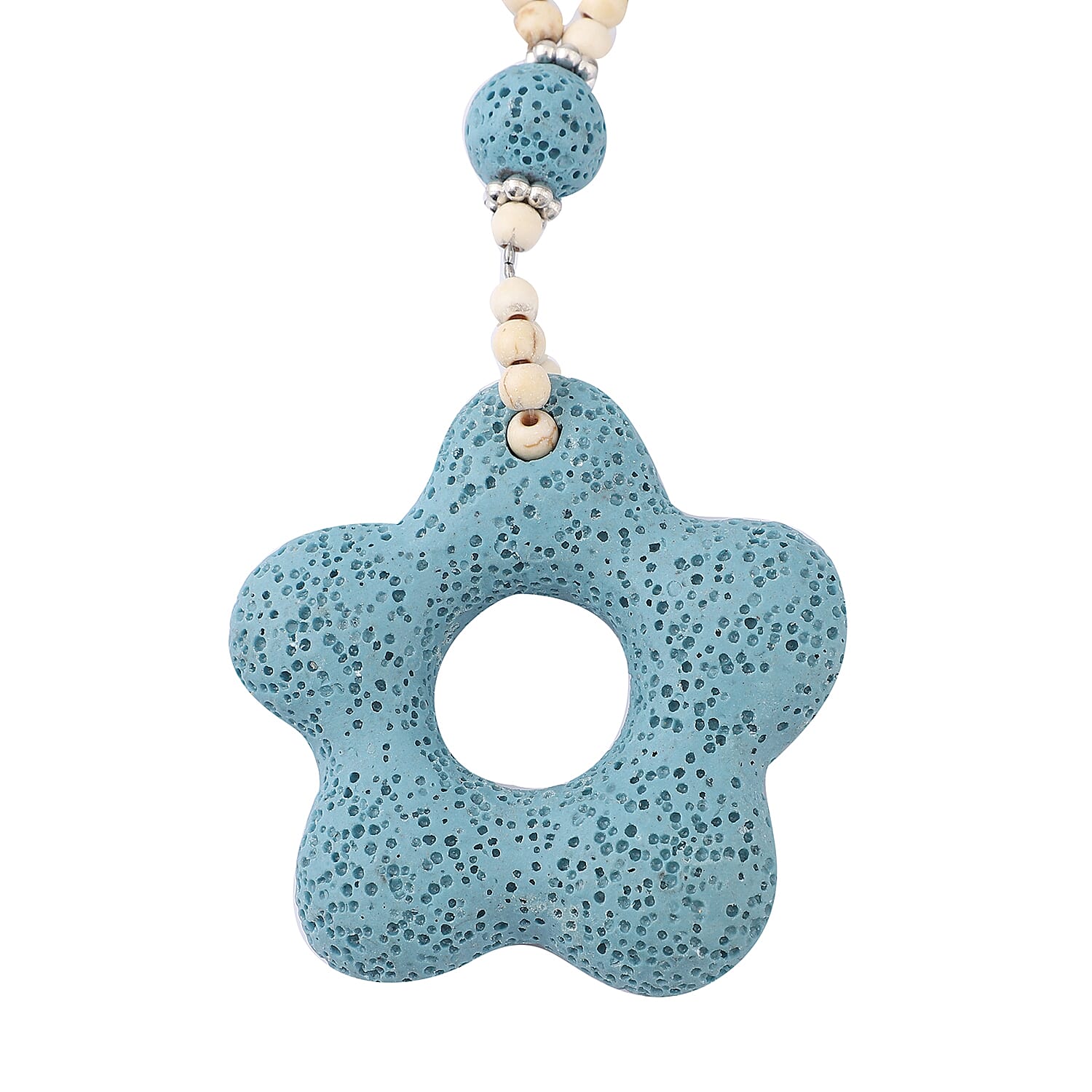 Multi Color Lava, White and Blue Howlite Beaded Necklace with Flower Charm 28 Inches in Silvertone 233.00 ctw