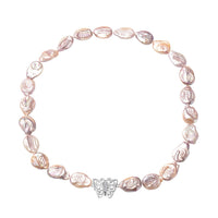 Multi Color Keshi Pearl and White Zircon Butterfly Necklace in Rhodium Over Sterling Silver 20 Inches
