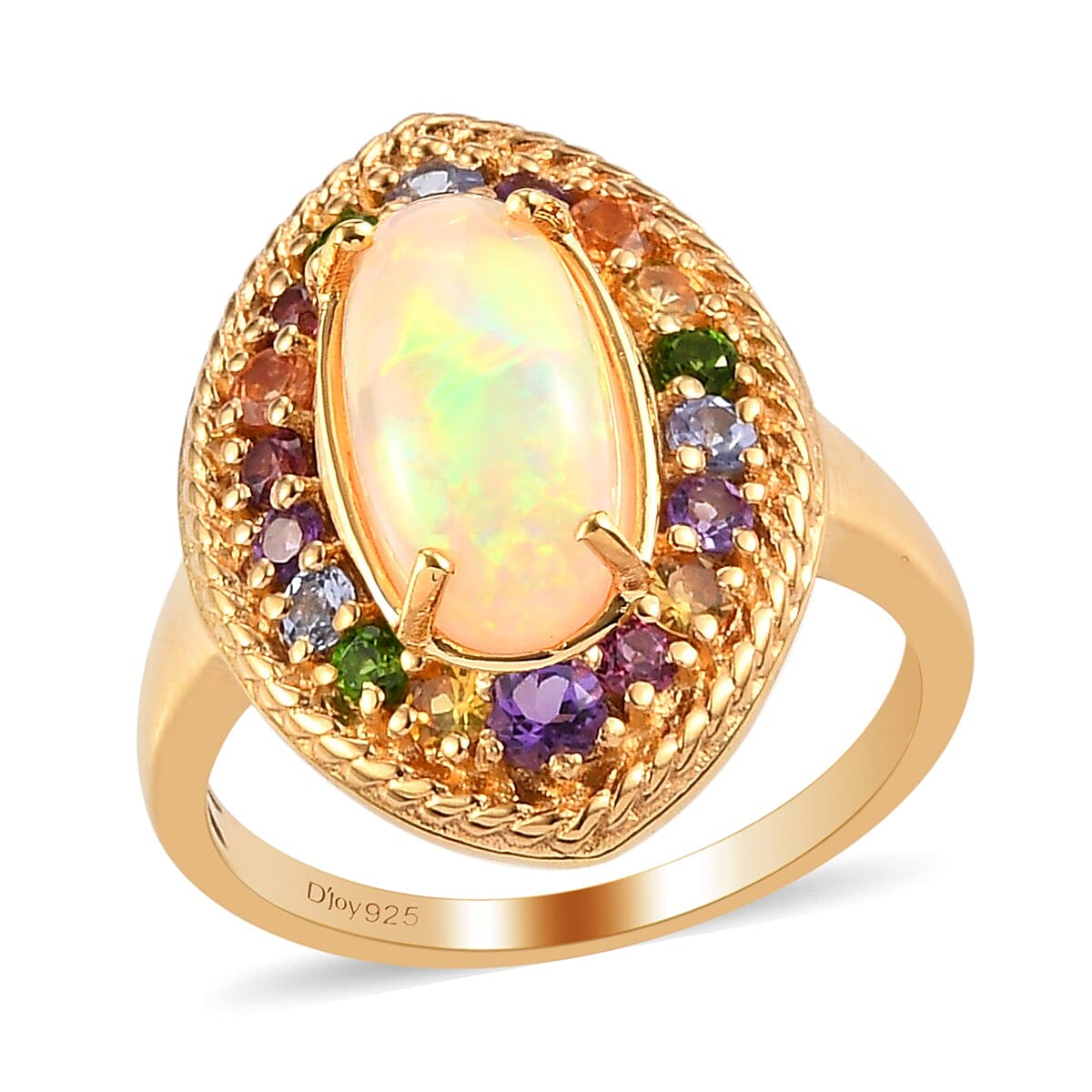 Ethiopian Welo Opal and Multi Gemstone Halo Ring in Vermeil Yellow Gold Over Sterling Silver (Size 10.0) 2.10 ctw (1)