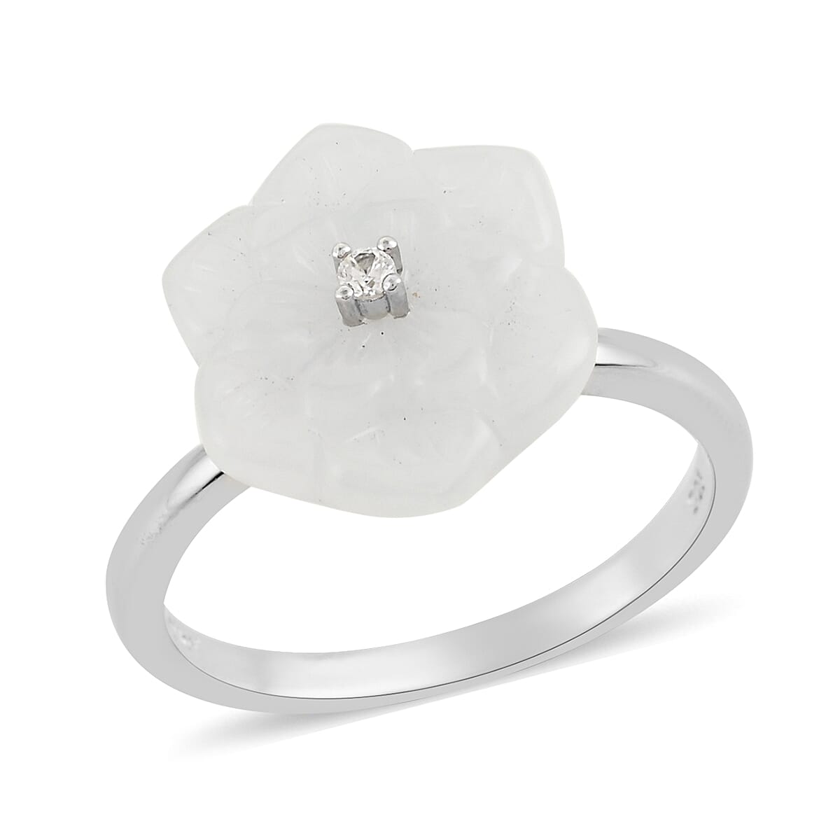 JARDIN COLLECTION 9.50 ctw White Jade Carved Floral and White Zircon Ring in Rhodium Over Sterling Silver