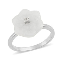 JARDIN COLLECTION 9.50 ctw White Jade Carved Floral and White Zircon Ring in Rhodium Over Sterling Silver