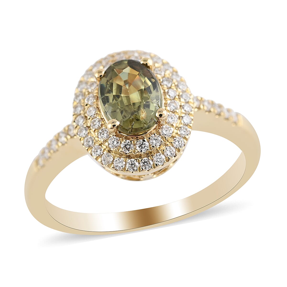 ILIANA 18K Yellow Gold AAA Natural Ambanja Demantoid Garnet, Diamond (G-H, SI) (0.30 cts) Double Halo Ring (Size 10.0) (4.46 g) 1.25 ctw