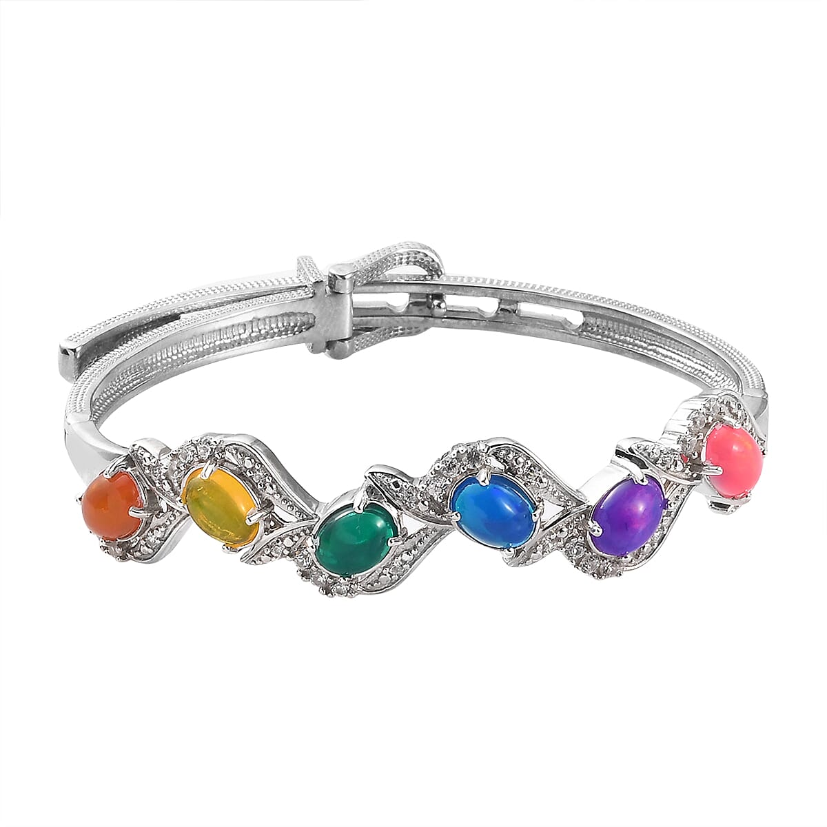 Multi Gemstone Bangle Bracelet in Platinum Over Sterling Silver (7.25 In) 5.90 ctw