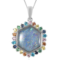 5.00 ctw Australian Boulder Opal Triplet and Multi Gemstone Hexagon Pendant Necklace 18 Inches in Rhodium Over Sterling Silver