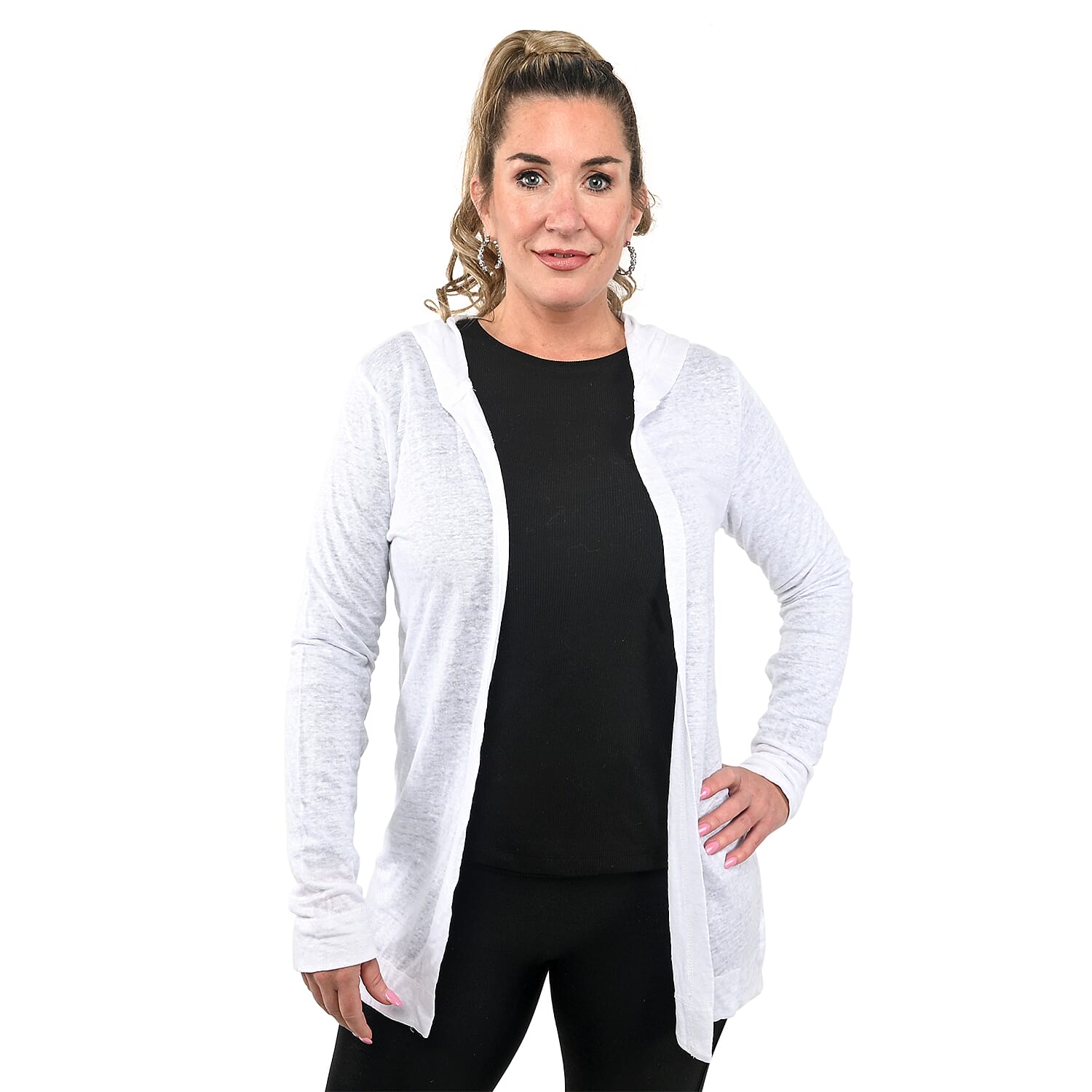 Jovie White Color Linen Women Cardigan with Hood Size - S
