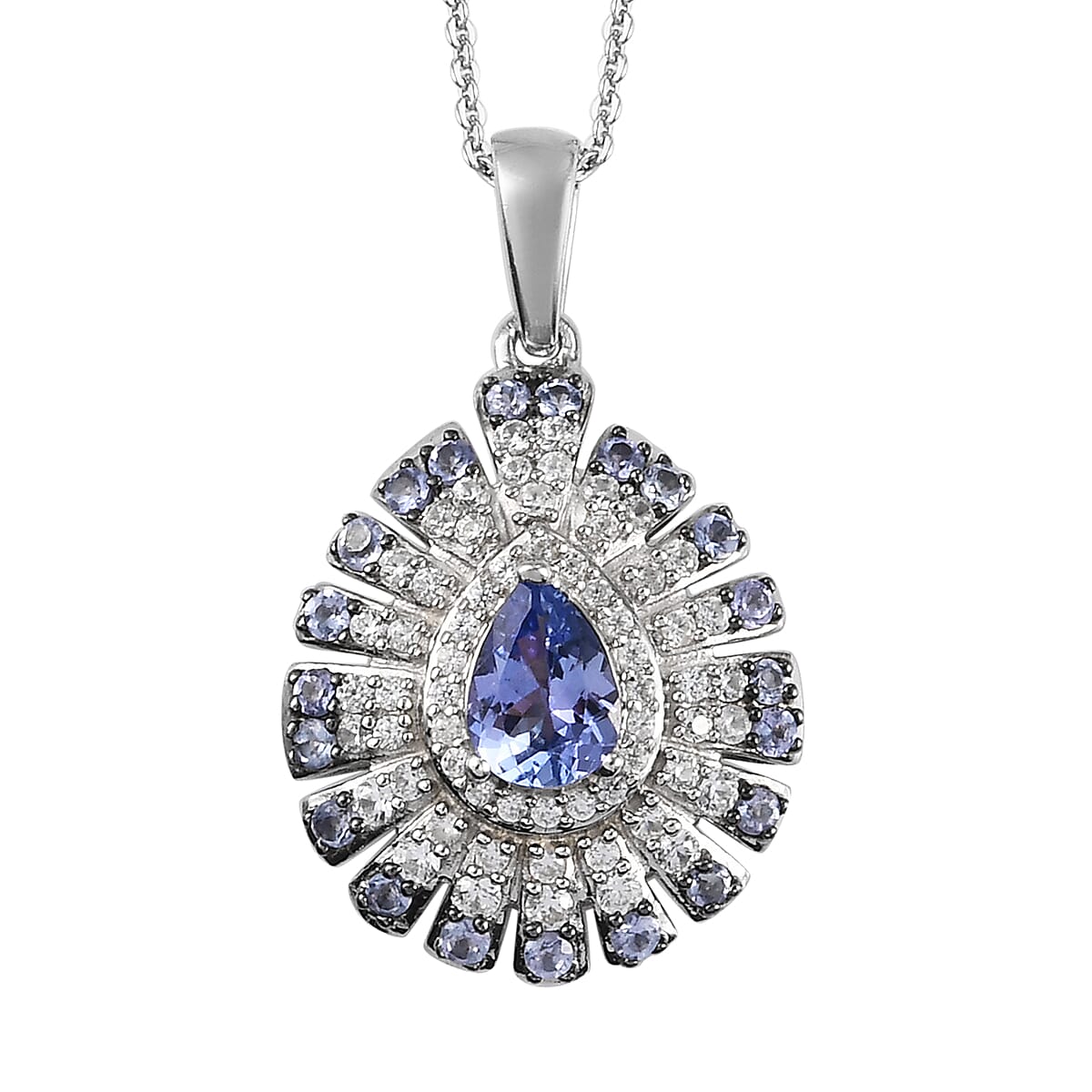Tanzanite and Zircon Cluster Pendant Necklace 20 Inches in Platinum Over Sterling Silver 1.75 ctw