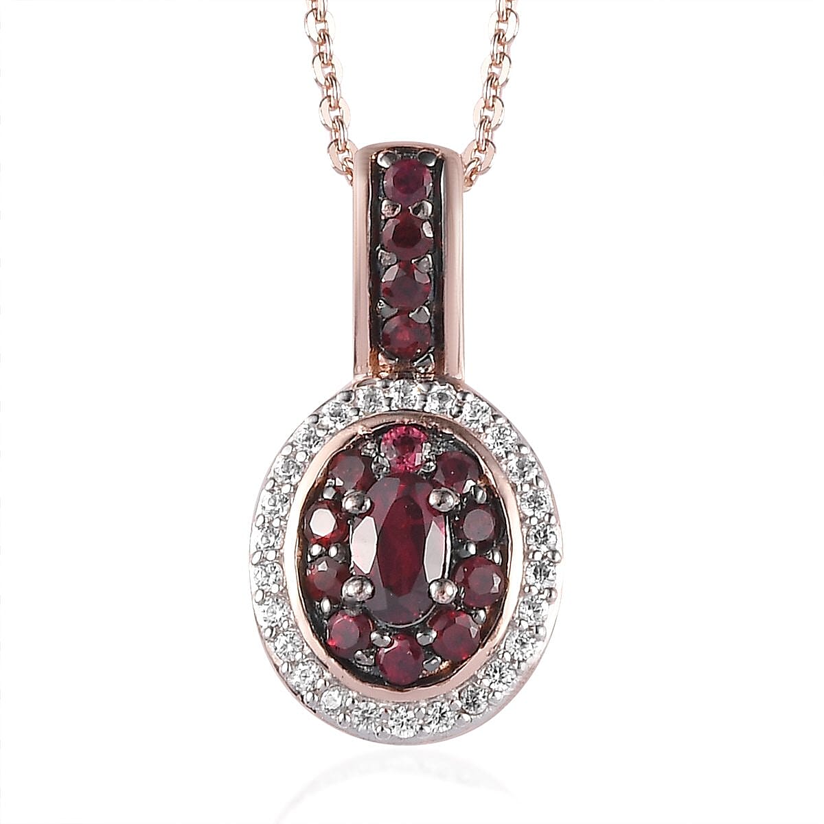 Anthill Garnet and White Zircon Double Halo Pendant Necklace 20 Inches in Vermeil Rose Gold Over Sterling Silver 0.75 ctw
