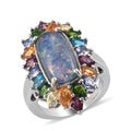 Australian Boulder Opal Triplet and Multi Gemstone Elongated Ring in Platinum Over Sterling Silver (Size 10.0) 7.60 ctw - Sticky add to cart bar