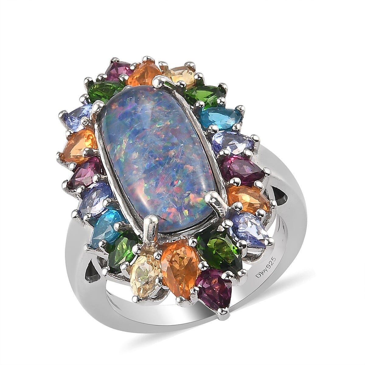 Australian Boulder Opal Triplet and Multi Gemstone Elongated Ring in Platinum Over Sterling Silver (Size 10.0) 7.60 ctw (1)