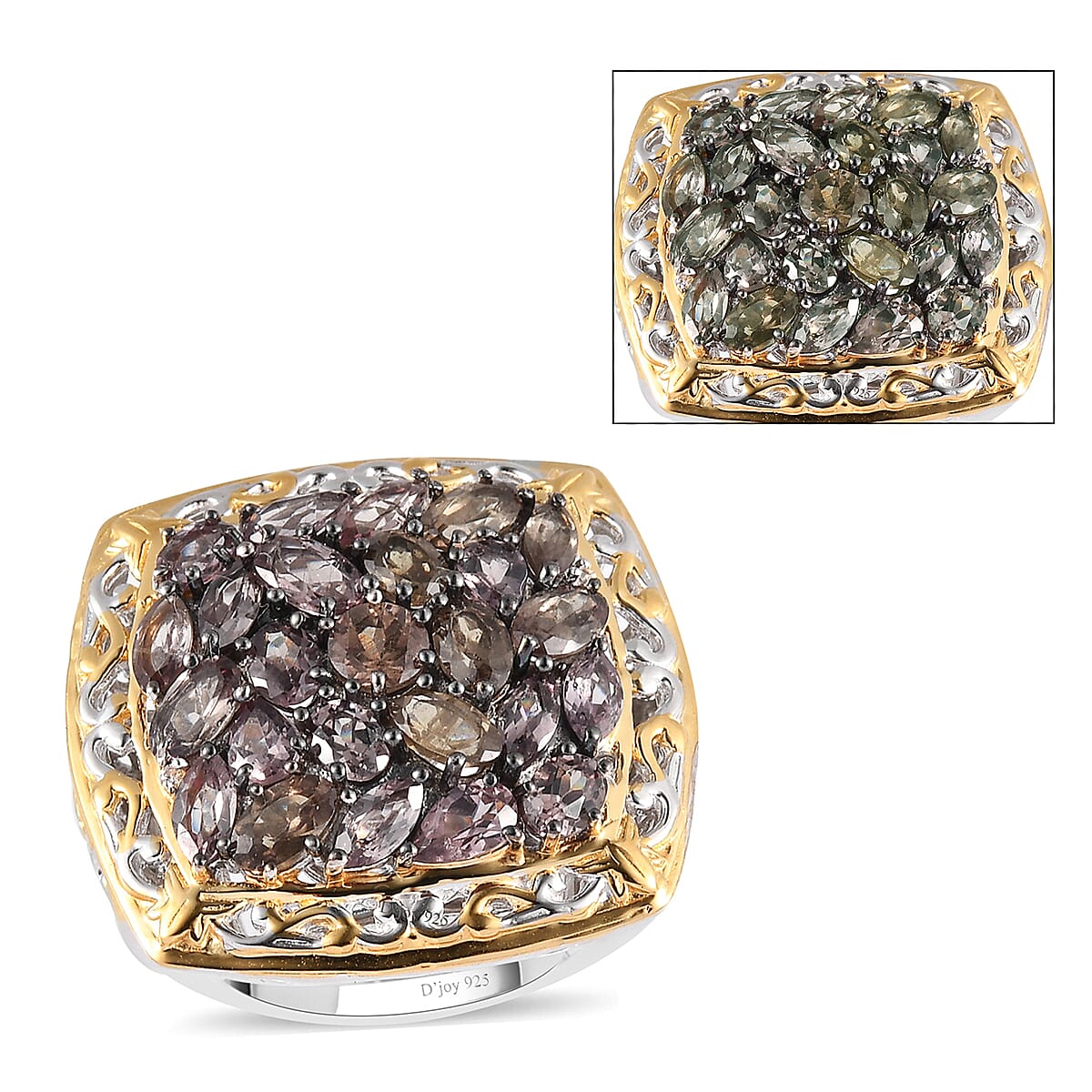 Natural Merelani Color Change Garnet and Zircon Cluster Ring in Rhodium, Vermeil YG and Platinum Over Sterling Silver 8.50 Grams 5.50 ctw