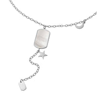 White Mother Of Pearl Lariat Necklace 20 Inches with Crescent Moon and Star Charms in Stainless Steel