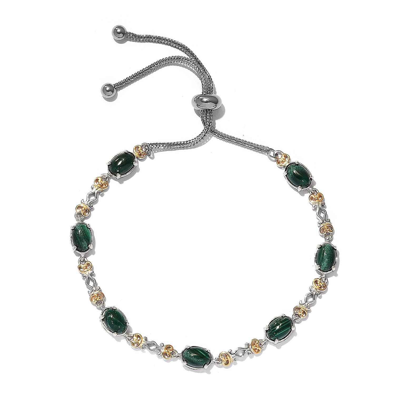 Karis African Malachite Station Bolo Bracelet in Yellow Rhodium, Platinum Bond and Stainless Steel 9.90 ctw