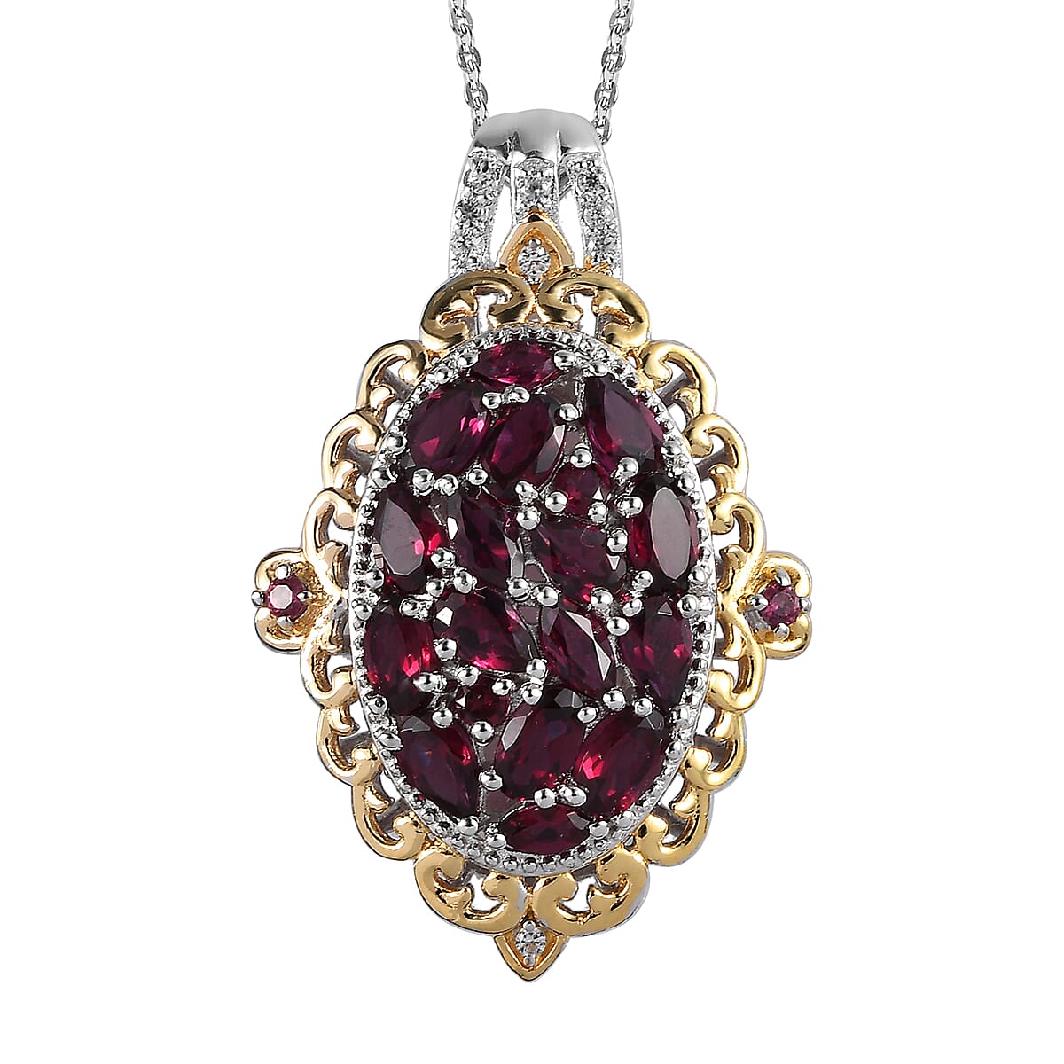 Anthill Garnet Cluster Pendant Necklace 20 Inches in Vermeil Yellow Gold and Platinum Over Sterling Silver 3.85 ctw
