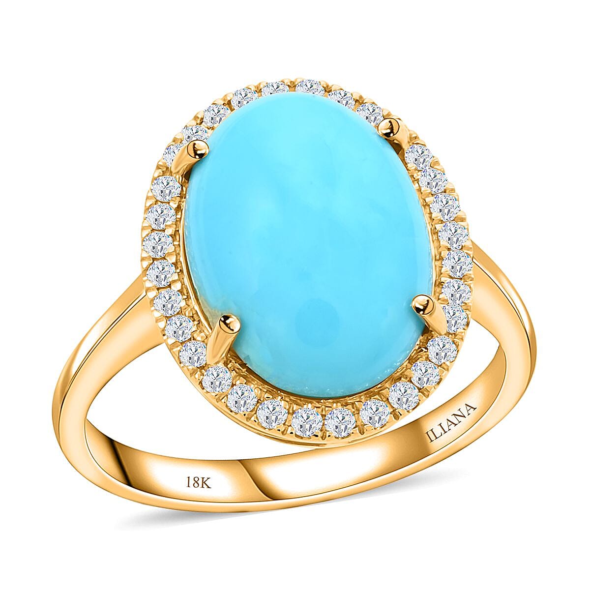 One Of A Kind Certified & Appraised 18K Yellow Gold AAA Sleeping Beauty Turquoise, Diamond (SI) (0.26 cts) Halo Ring (Size 9.0) (4.85 g) 4.30 ctw