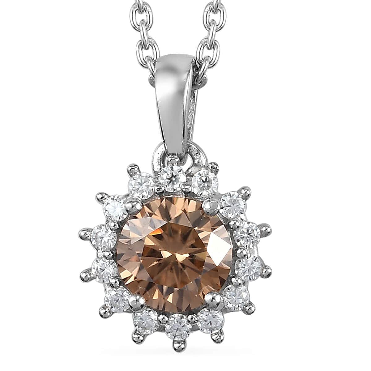 Champagne Moissanite VS and White Moissanite Sunburst Pendant Necklace 20 Inches in Platinum Over Sterling Silver 1.15 ctw