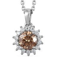 Champagne Moissanite VS and White Moissanite Sunburst Pendant Necklace 20 Inches in Platinum Over Sterling Silver 1.15 ctw