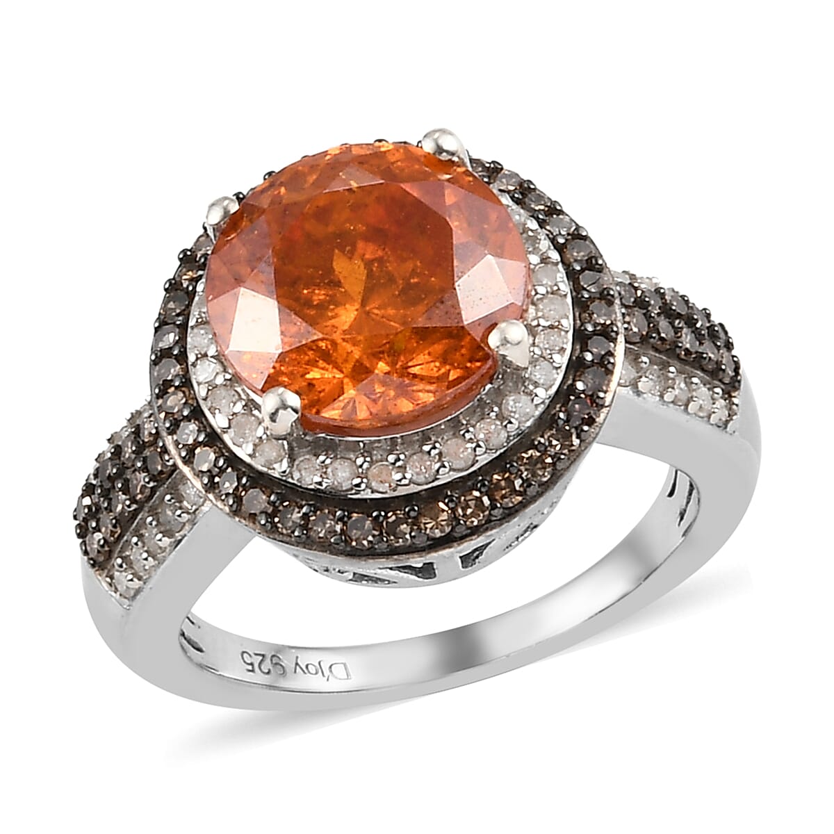 Picos Altos Orange Sphalerite and Natural Champagne and White Diamond Ring in Platinum Over Sterling Silver 4.35 ctw
