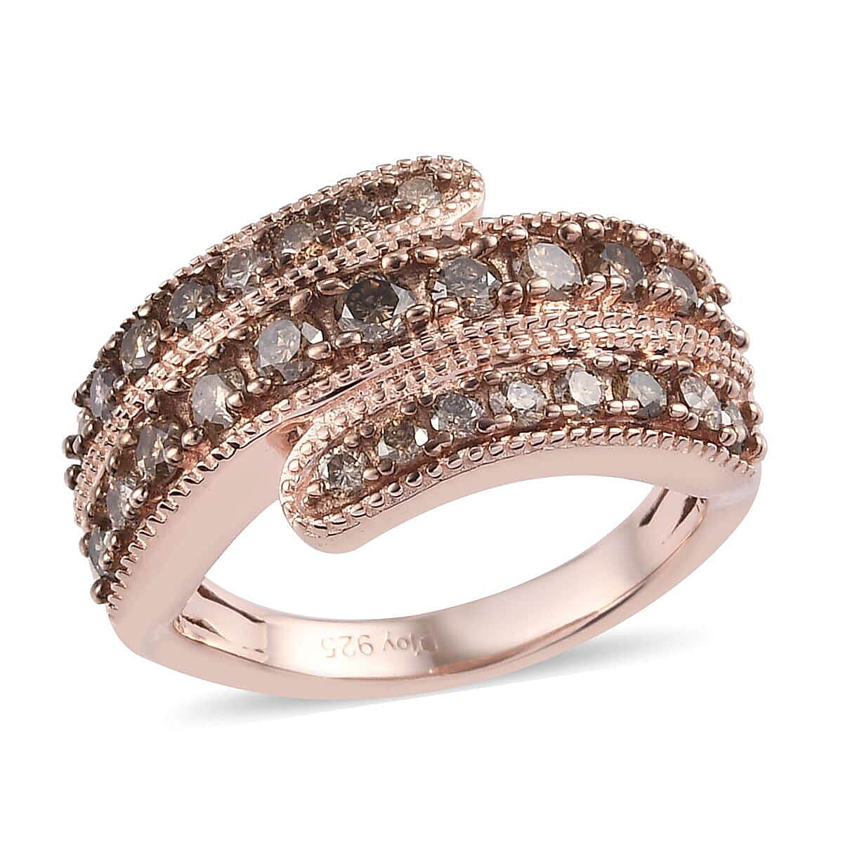 Natural Champagne Diamond Bypass Ring in Rhodium & Vermeil Rose Gold Over Sterling Silver (Size 10.0) 1.00 ctw (1)