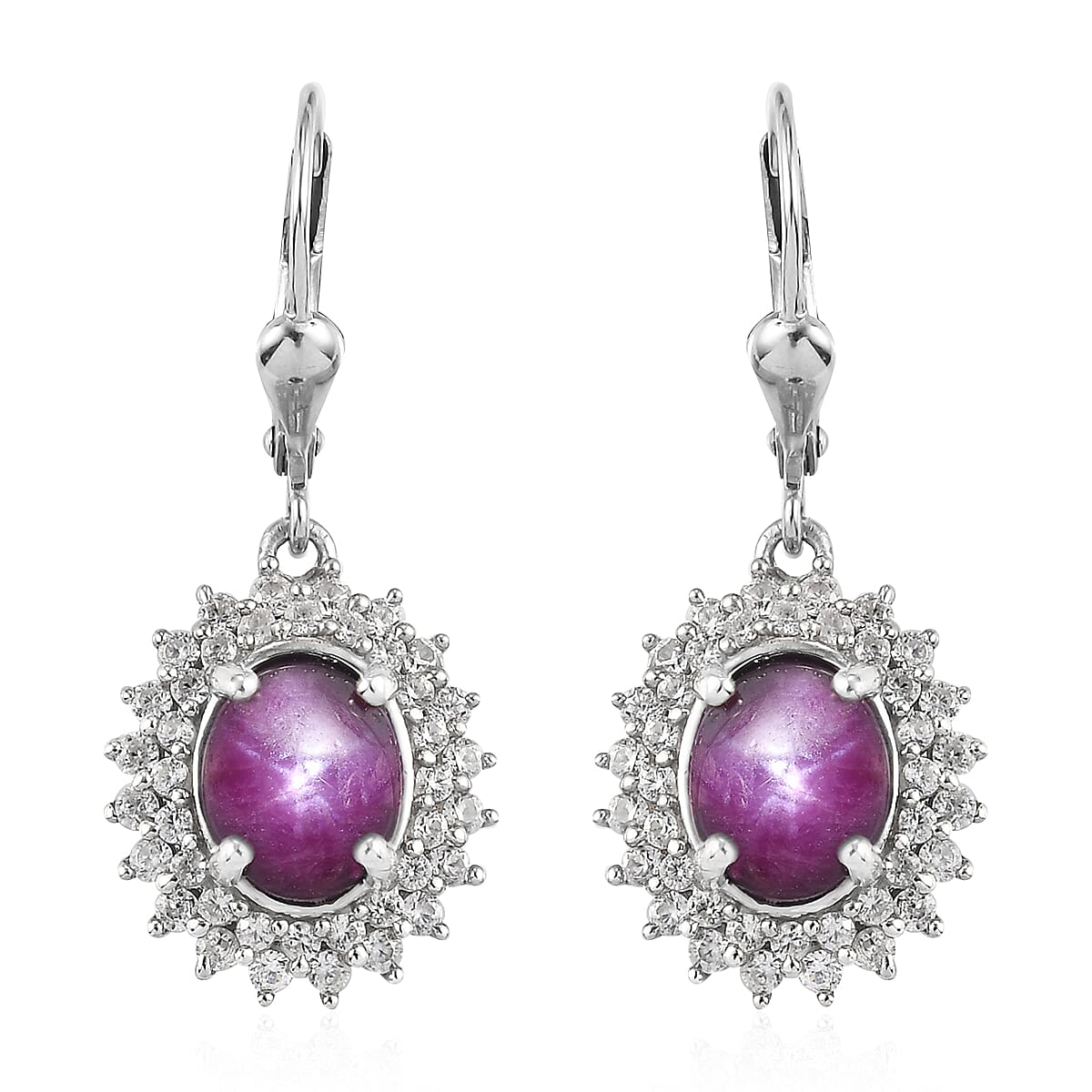 Indian Star Ruby and Natural White Zircon Cocktail Lever Back Earring in Platinum Over Sterling Silver 5.90 ctw