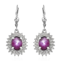 Indian Star Ruby and Natural White Zircon Cocktail Lever Back Earring in Platinum Over Sterling Silver 5.90 ctw