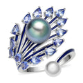 Tahitian Cultured Pearl 9-10mm, Tanzanite Peacock Feather Ring in Rhodium Over Sterling Silver (Size 9.0) (7.35 g) 2.15 ctw - Sticky add to cart bar