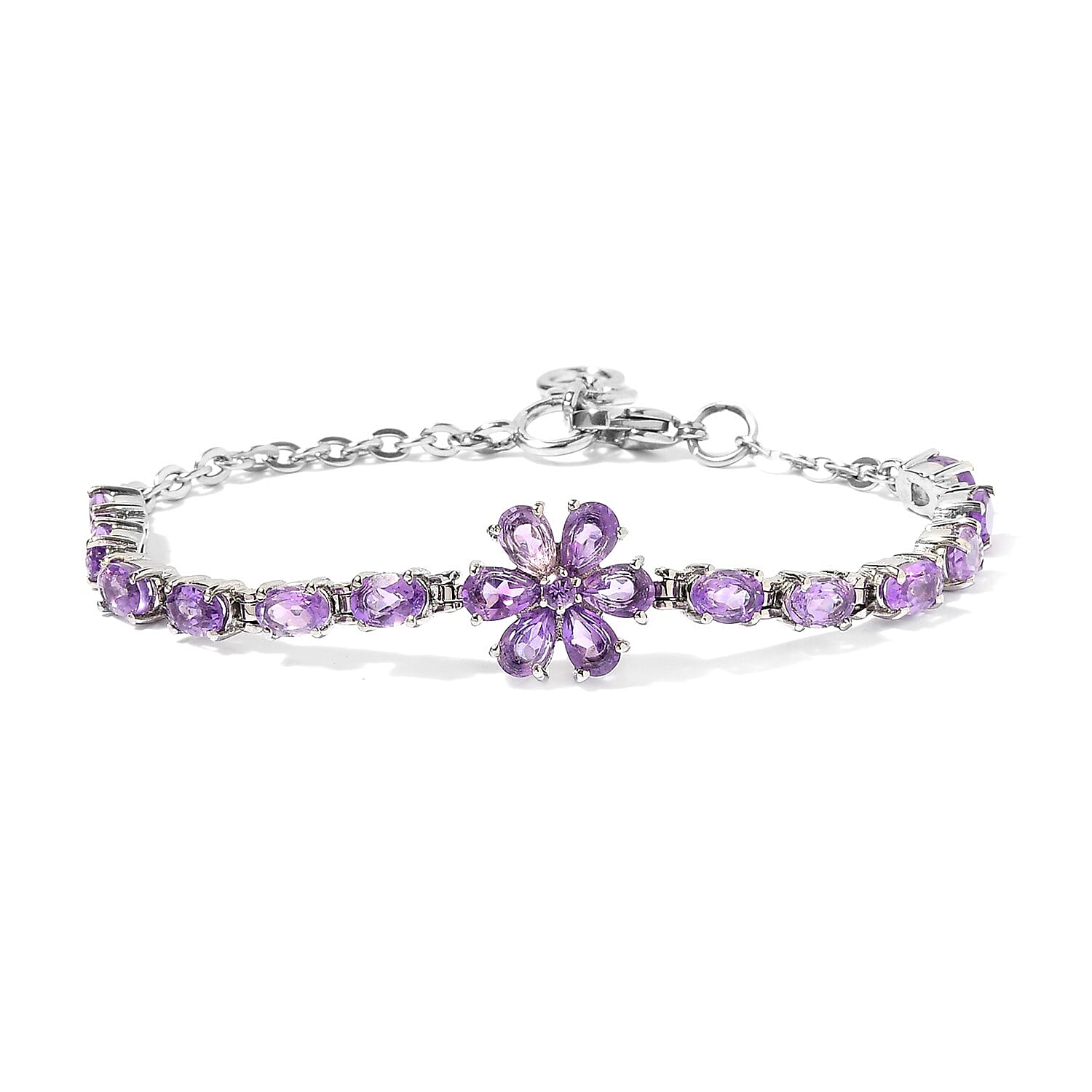 Amethyst Flower Bracelet in Stainless Steel (6.50 In) 7.65 ctw