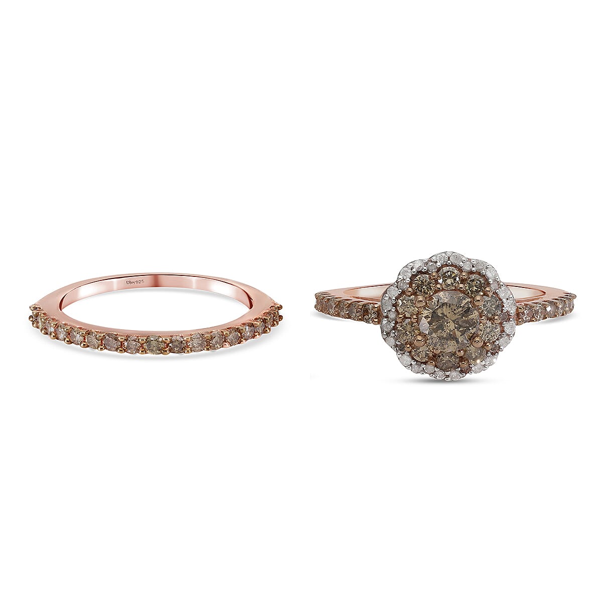 Natural Champagne and White Diamond Band & Floral Stackable Ring in Vermeil Rose Gold Over Sterling Silver (Size 9.0) 1.50 ctw