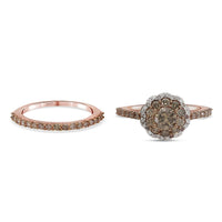 Natural Champagne and White Diamond Band & Floral Stackable Ring in Vermeil Rose Gold Over Sterling Silver (Size 9.0) 1.50 ctw