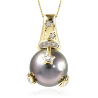 Tahitian Cultured Pearl 11-12 and White Zircon Star & Crescent Moon Pendant Necklace 18 Inches in Rhodium Over Sterling Silver
