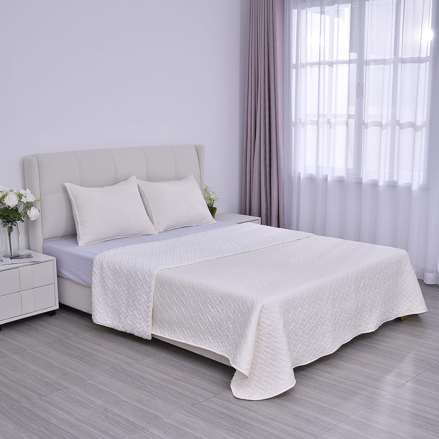 HOMESMART Beige Solid Sherpa and Microfiiber Quilt (Queen, 88"x92") and Set of 2 Shams (20"x26")