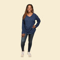 Tamsy Navy Blue Casual Long Sleeves and V Neck Top - S - Sticky add to cart bar