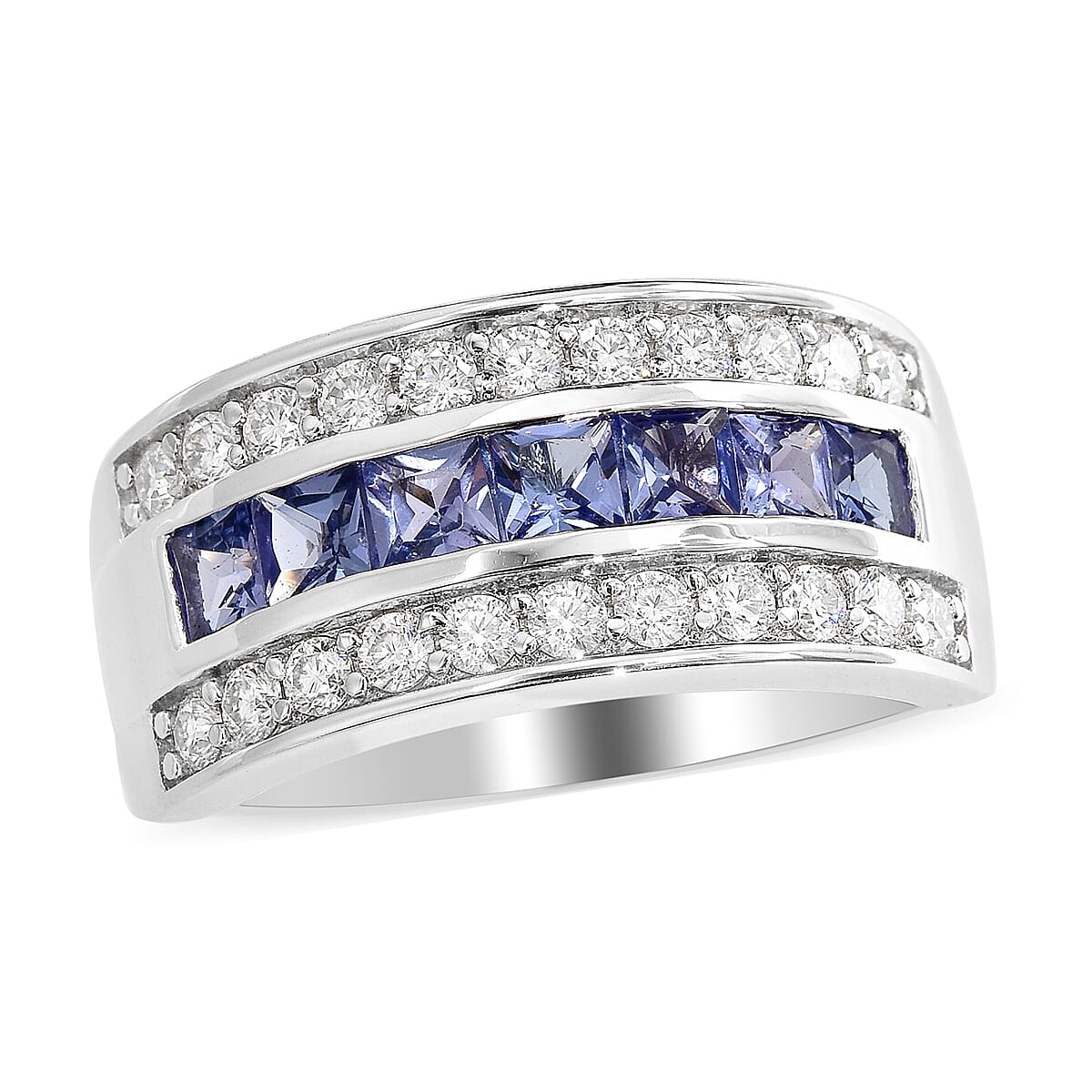 Tanzanite and Moissanite Half Eternity Band Ring in Rhodium Over Sterling Silver 1.80 ctw (1)