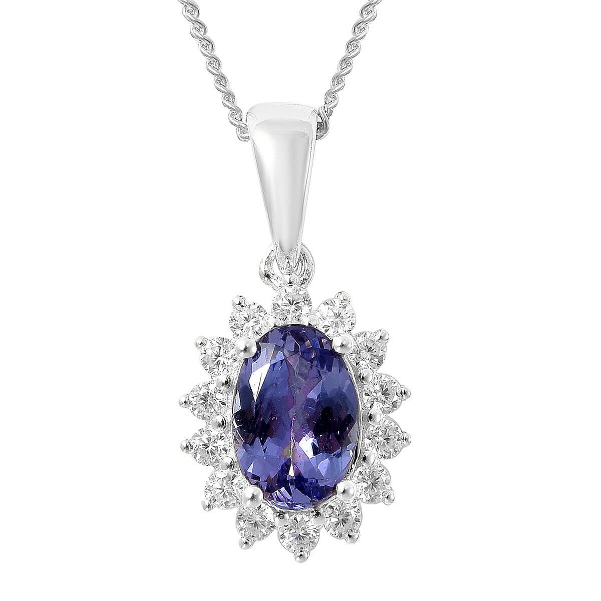 Tanzanite and Moissanite Sunburst Pendant Necklace 18 Inches in Rhodium Over Sterling Silver 1.10 ctw