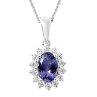 Tanzanite and Moissanite Sunburst Pendant Necklace 18 Inches in Rhodium Over Sterling Silver 1.10 ctw