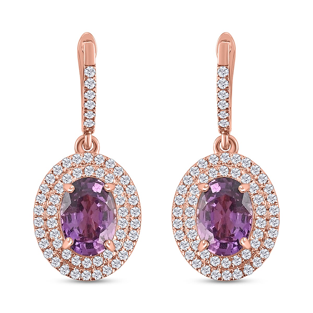 Appraised Iliana 18K Rose Gold AAA Purple Sapphire and G-H SI Diamond Double Halo Dangle Earrings 2.40 ctw