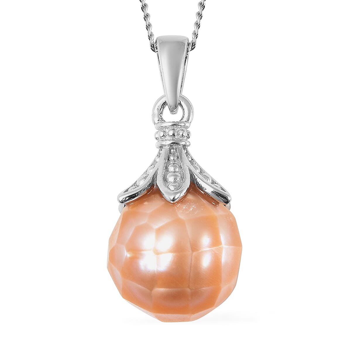 Peach Edison Pearl 10mm Drop Pendant Necklace (18 Inches) in Rhodium Over Sterling Silver