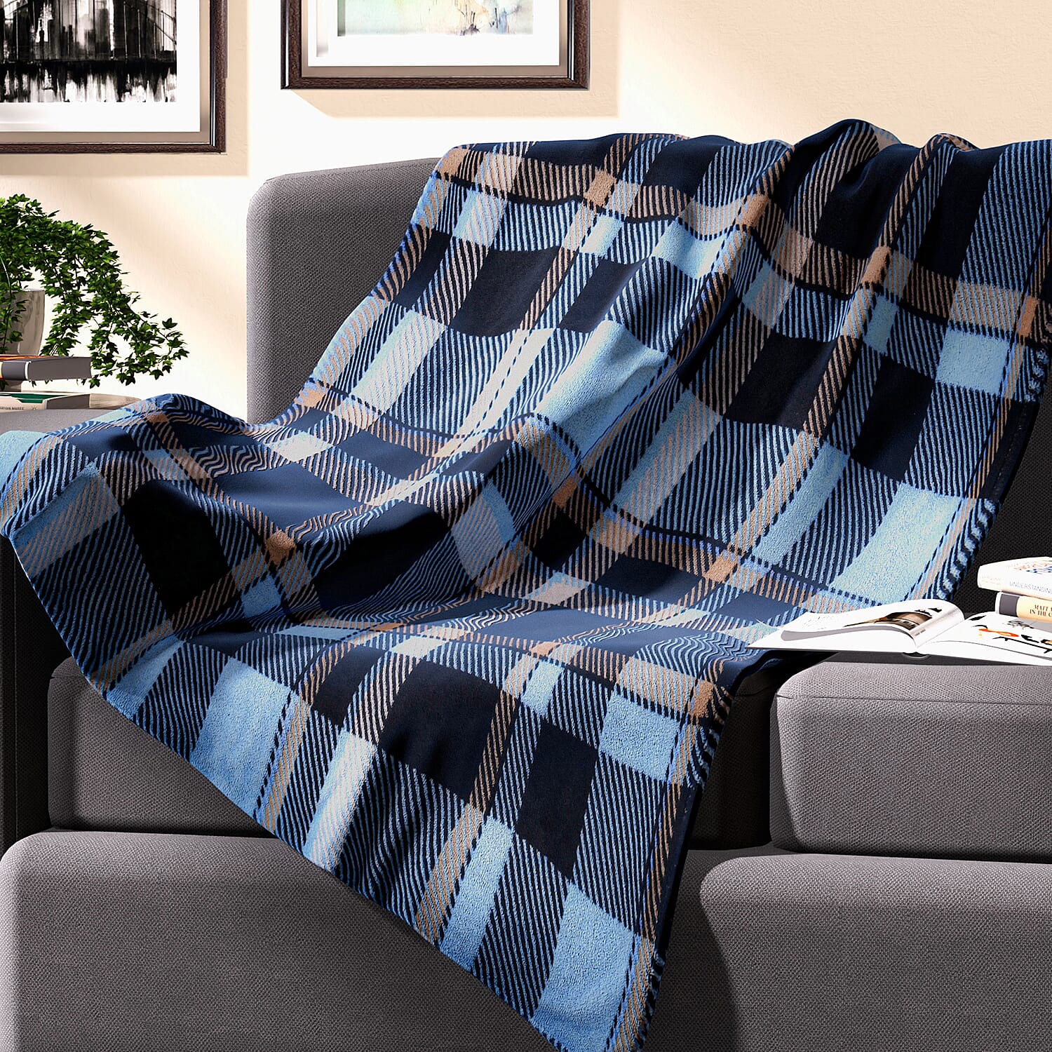 HOMESMART 2 in 1 Blue and Black Plaid Pattern Printed Flannel Blanket (50"x60") Folded into Cushion Cover (14.5"x14.5")