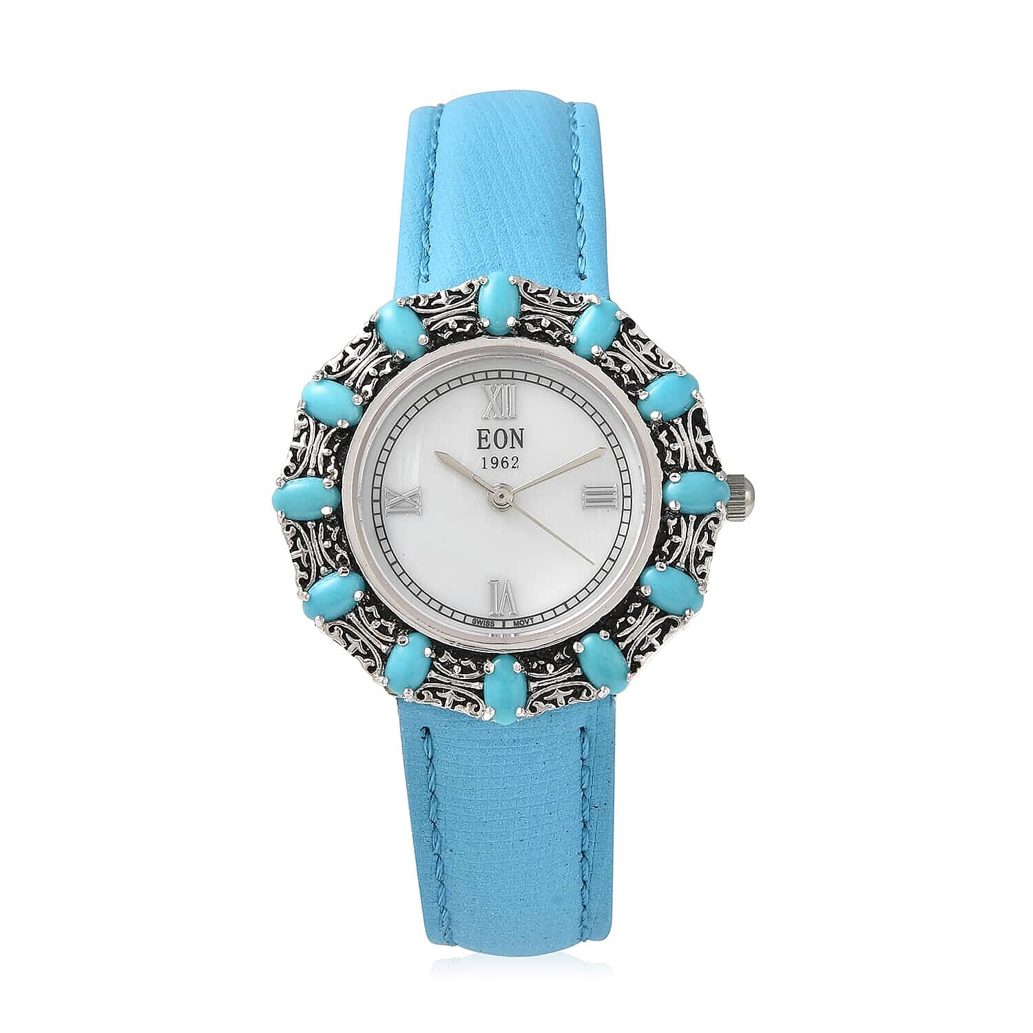 TLV EON 1962 Natural Arizona Sleeping Beauty Turquoise Swiss Movement Native American Style Butterfly Watch with Sterling Silver Case and Blue Leather Strap 3.00ctw