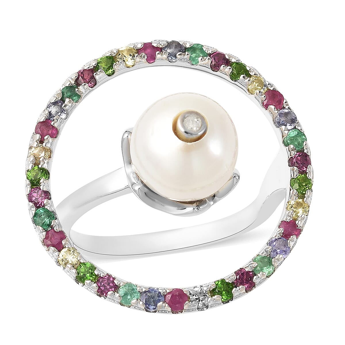 Edison Pearl, Yellow Sapphire, Diamond Accent Ring in Rhodium Over Sterling Silver (Size 10.0) 1.50 ctw