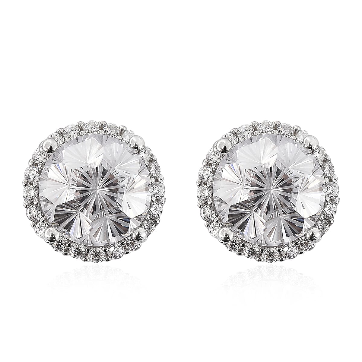 LUSTRO STELLA Fire Cracking Cut Finest Pink and White CZ Halo Stud Earrings in Sterling Silver 8.65 ctw