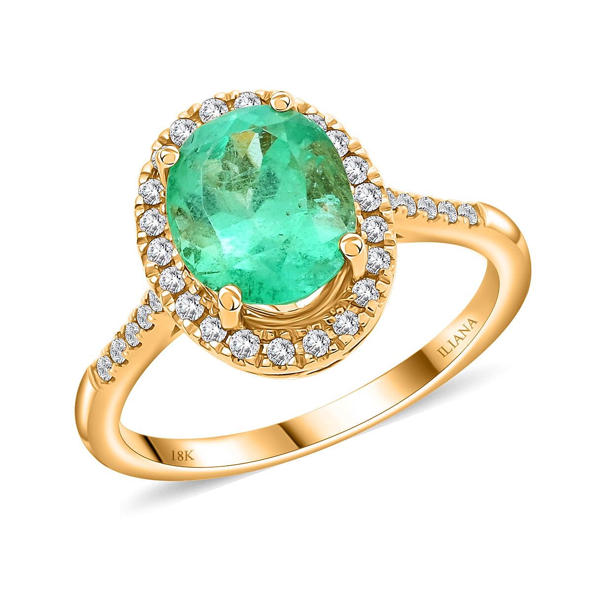 ILIANA 18K Yellow Gold AAA Boyaca Colombian Emerald and Diamond G-H SI Halo Ring (Size 7.0) 3.55 Grams 2.45 ctw