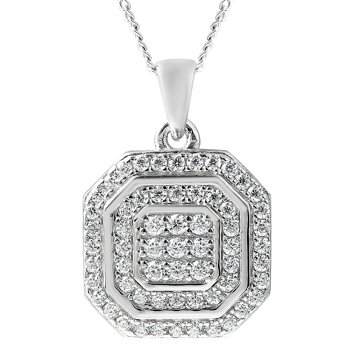 Moissanite Double Halo Stud Pendant Necklace 18 Inches in Rhodium Over Sterling Silver 0.60 ctw