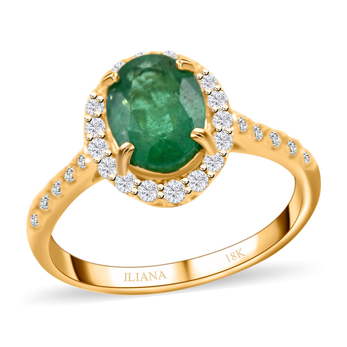 Iliana 18K Yellow Gold AAA Kagem Zambian Emerald, Diamond (G-H, SI) (0.30 cts) Halo Ring (3.75 g) 1.65 ctw