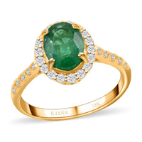 Iliana 18K Yellow Gold AAA Kagem Zambian Emerald, Diamond (G-H, SI) (0.30 cts) Halo Ring (3.75 g) 1.65 ctw
