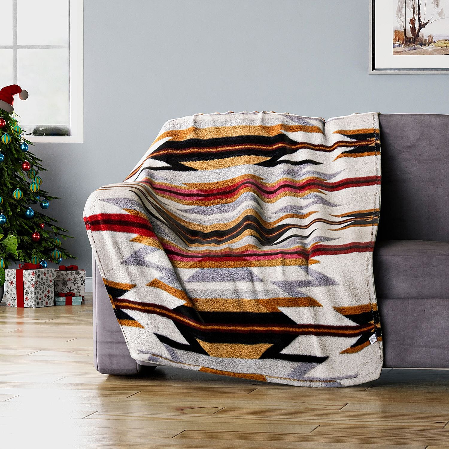 HOMESMART Beige and Red Tribal Printed Pattern Single Layer Sherpa Blanket 59"x78")